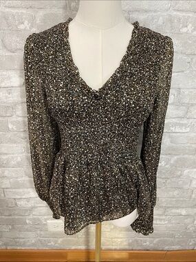 Aqua Brown and Cream Floral Smocked V-Neck Blouse